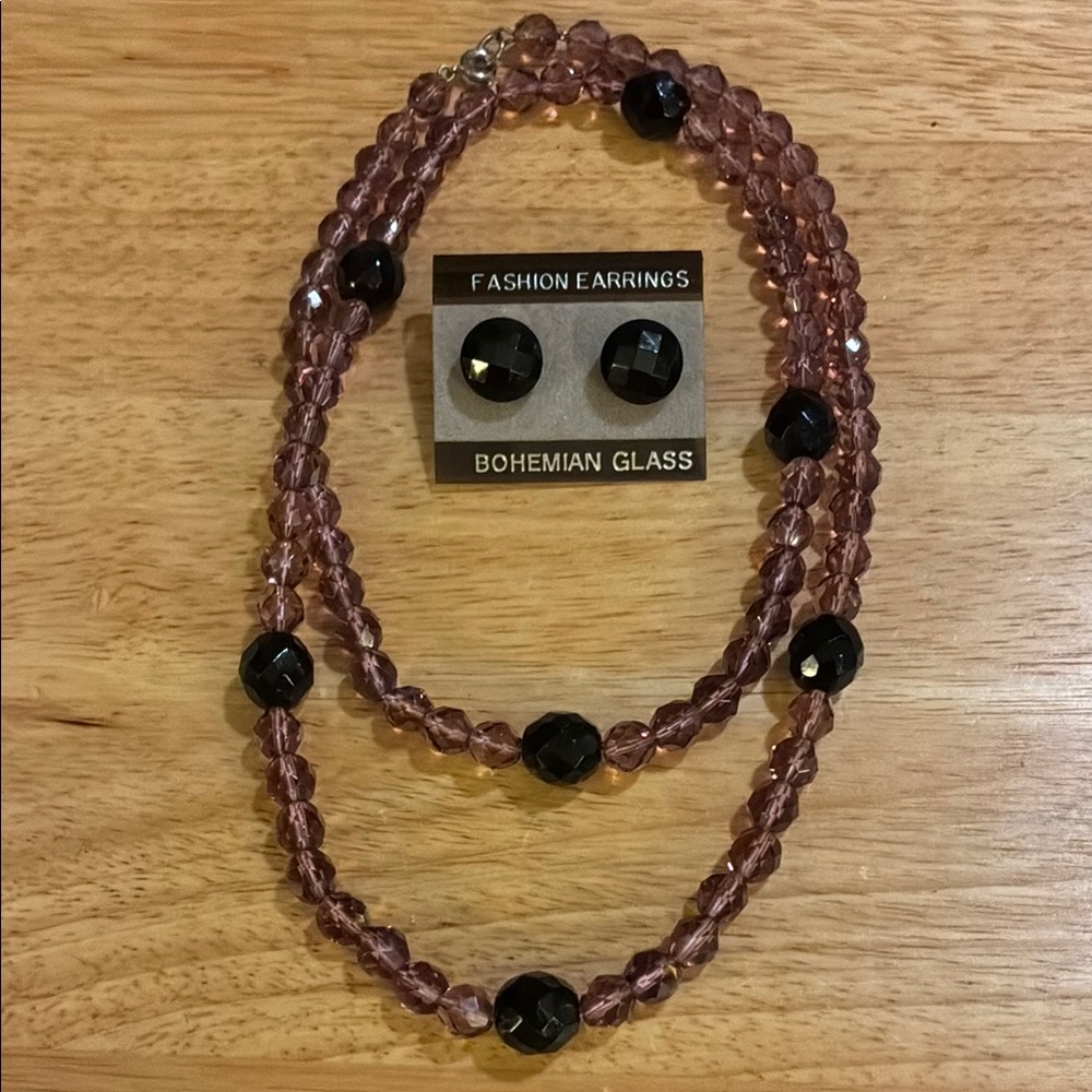 Bohemian Glass Beaded Necklace and Earring Set - Black and Purple